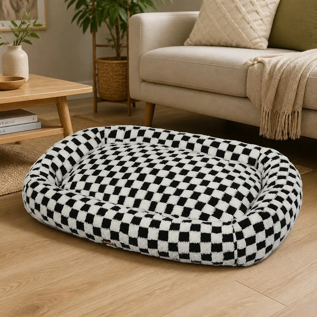 Dog Bed Calming Plush Checkered 90cm x 60cm Black and White