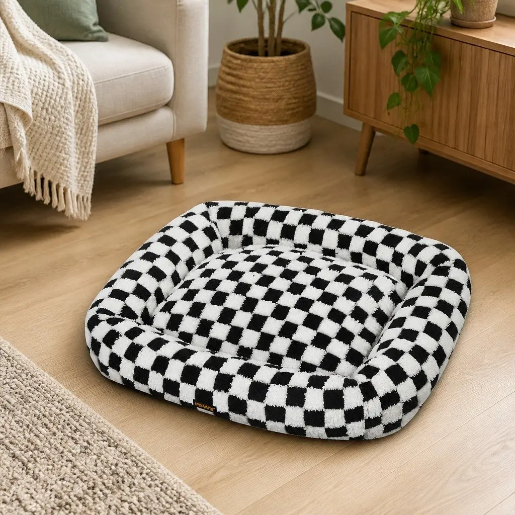 Dog Bed Plush Calming Pet Bed Soft Washable Checkered Black and White 70cm x 50cm