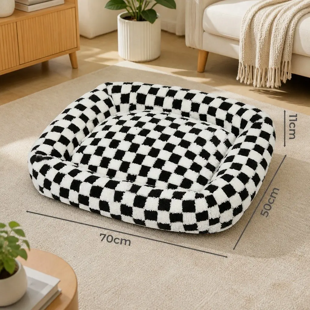 Dog Bed Plush Calming Pet Bed Soft Washable Checkered Black and White 70cm x 50cm