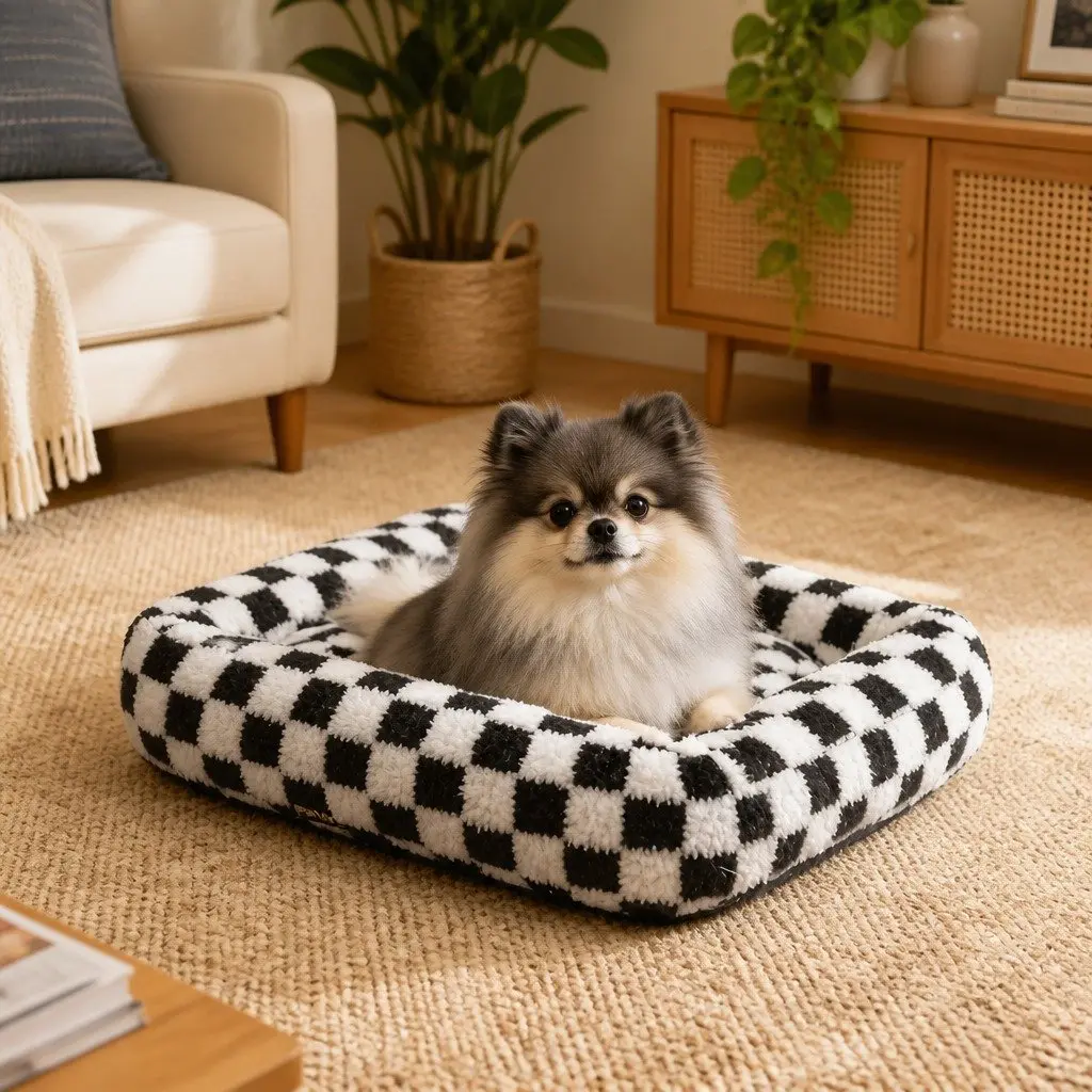 Dog Bed Plush Calming Pet Bed Soft Washable Checkered Black and White 70cm x 50cm