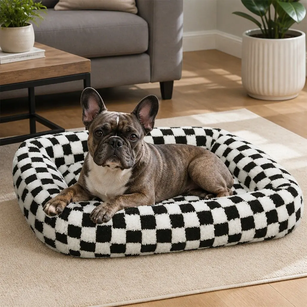 Dog Bed Plush Calming Pet Bed Soft Washable Checkered Black and White 70cm x 50cm