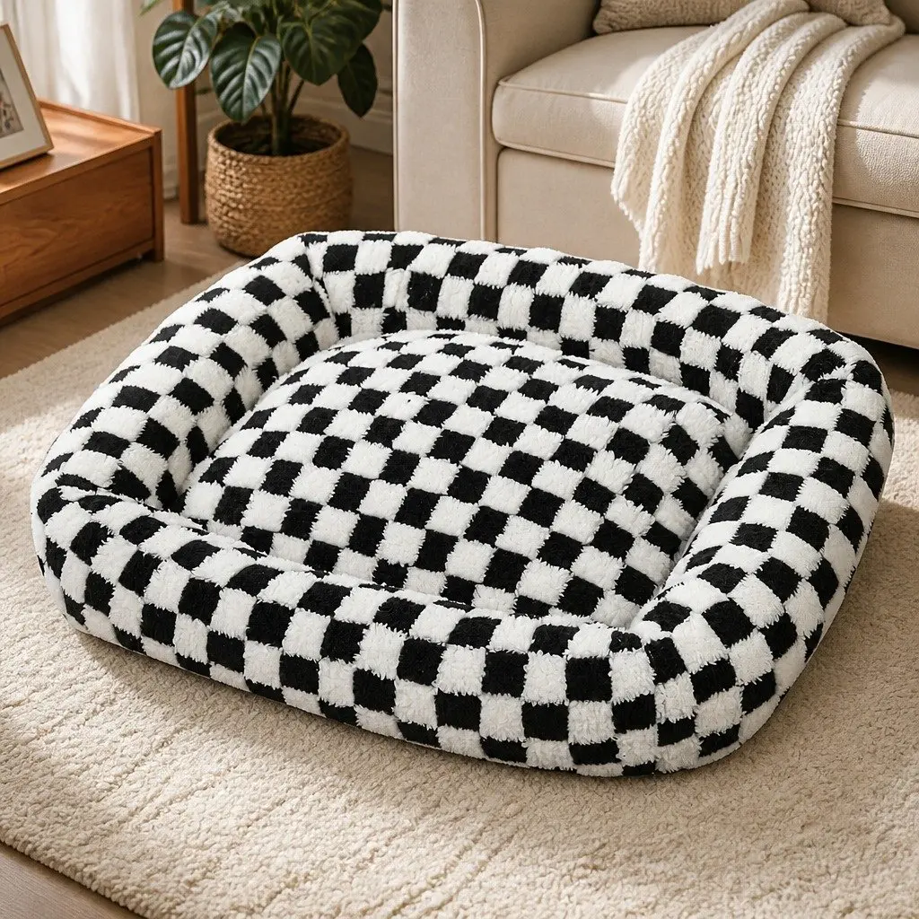 Dog Bed Plush Calming Pet Bed Soft Washable Checkered Black and White 70cm x 50cm