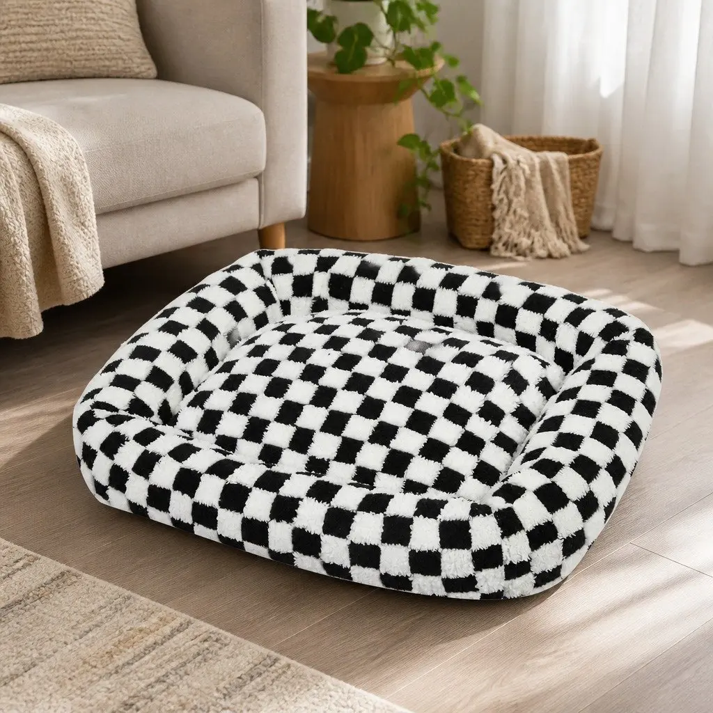 Dog Bed Calming Plush Soft Washable Removable Cover Raised Bolsters Support 60cm L x 50cm W Black and White Checkered