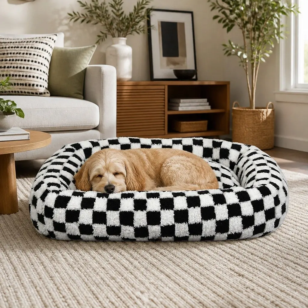 Dog Bed Calming Plush Soft Washable Removable Cover Raised Bolsters Support 60cm L x 50cm W Black and White Checkered