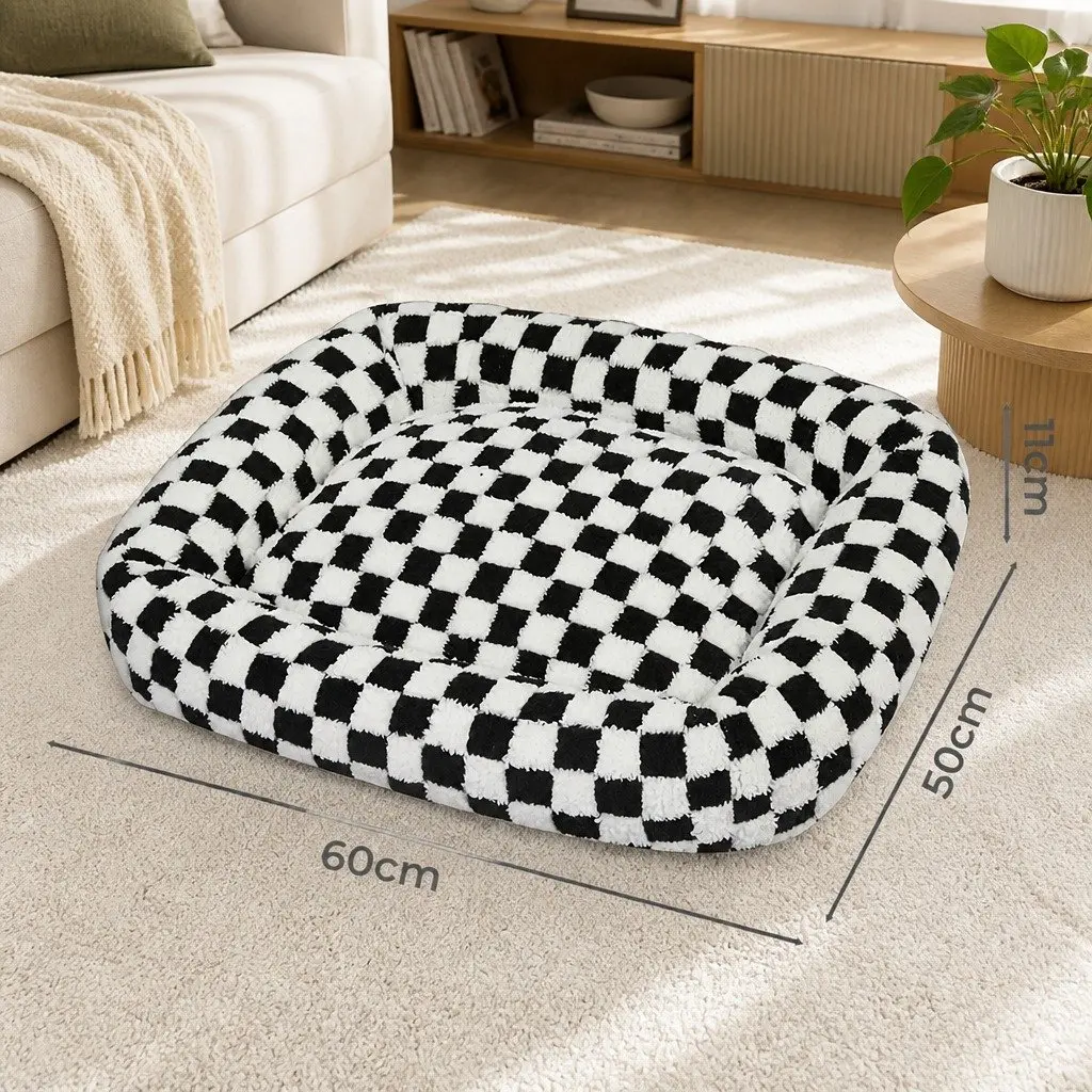 Dog Bed Calming Plush Soft Washable Removable Cover Raised Bolsters Support 60cm L x 50cm W Black and White Checkered