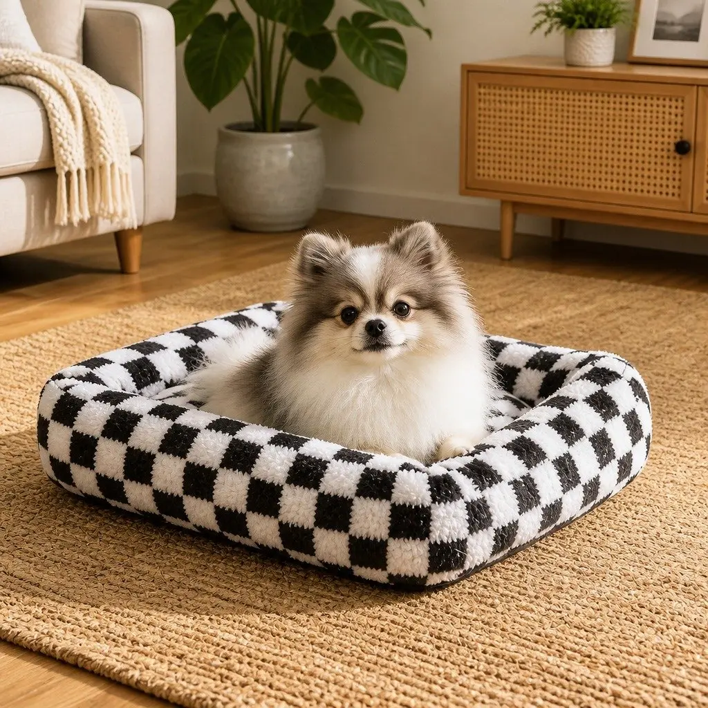 Dog Bed Calming Plush Soft Washable Removable Cover Raised Bolsters Support 60cm L x 50cm W Black and White Checkered