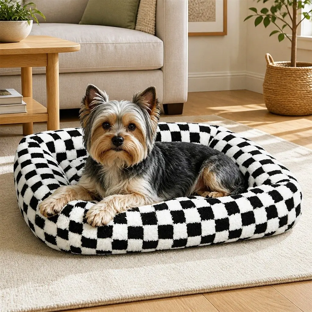 Dog Bed Calming Plush Soft Washable Removable Cover Raised Bolsters Support 60cm L x 50cm W Black and White Checkered