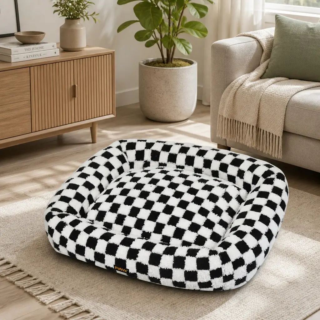 Dog Bed Calming Plush Soft Washable Removable Cover Raised Bolsters Support 60cm L x 50cm W Black and White Checkered