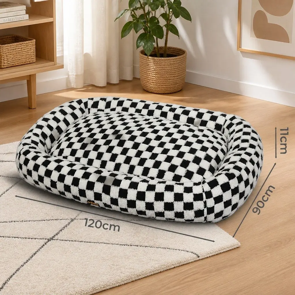 Dog Bed Calming Plush Soft Checkered 120cm x 90cm Black and White