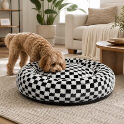 Circular Plush Dog Cosy Bed Calming Pet Sherpa Checkered Removable Washable