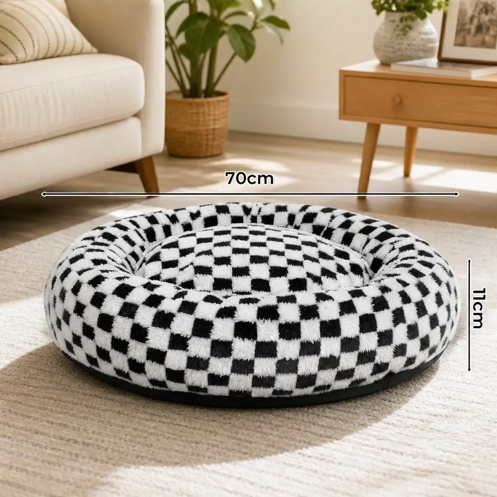 Circular Dog Bed Calming Plush 70cm Black and White Checkered Removable Washable