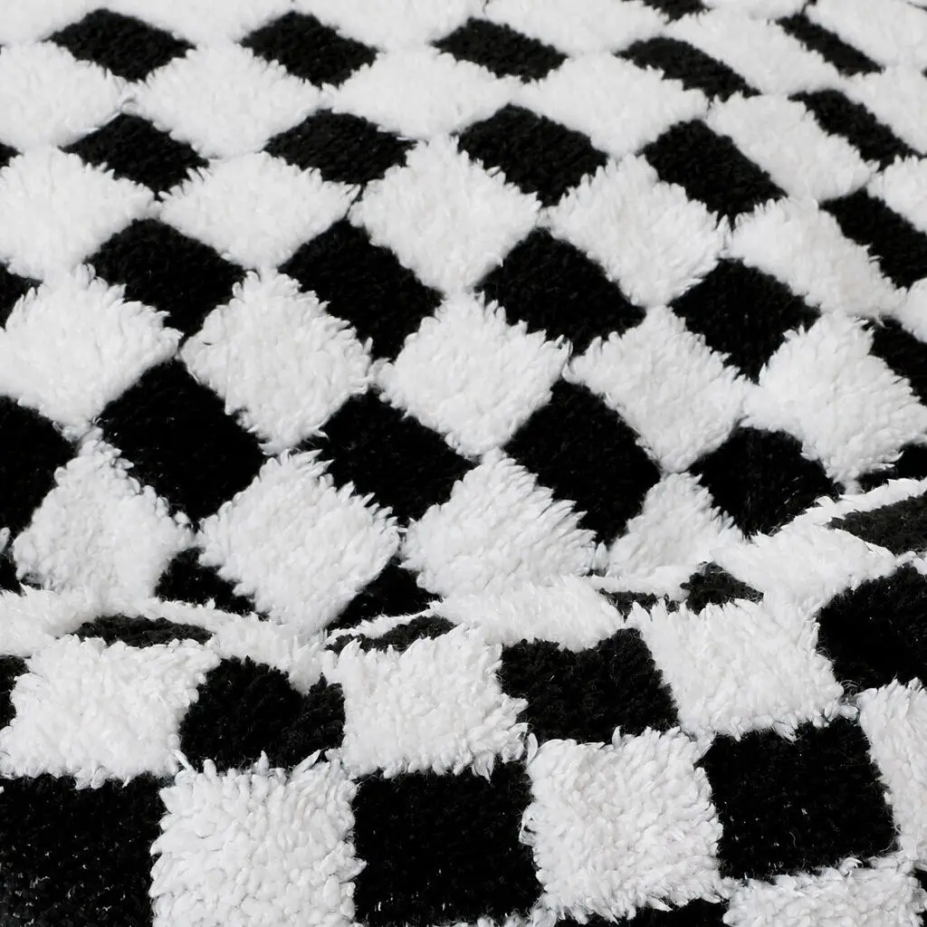 Circular Dog Bed Calming Plush 70cm Black and White Checkered Removable Washable
