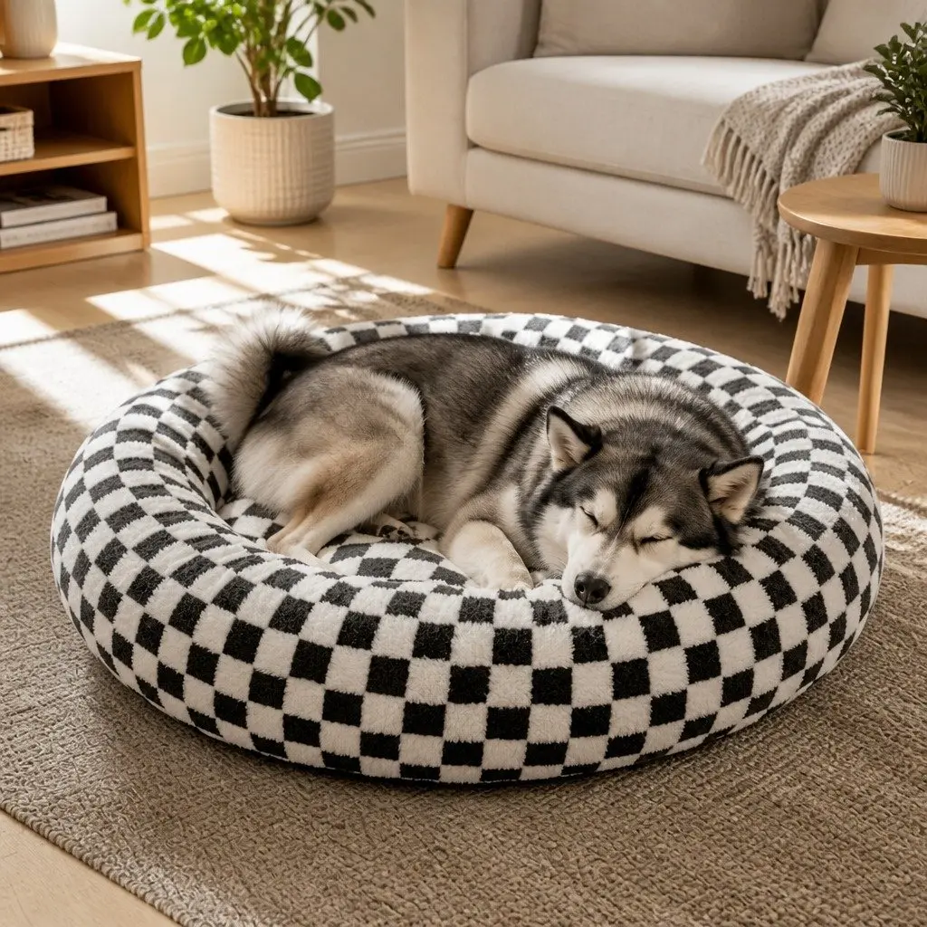 Circular Dog Bed Calming Plush 70cm Black and White Checkered Removable Washable
