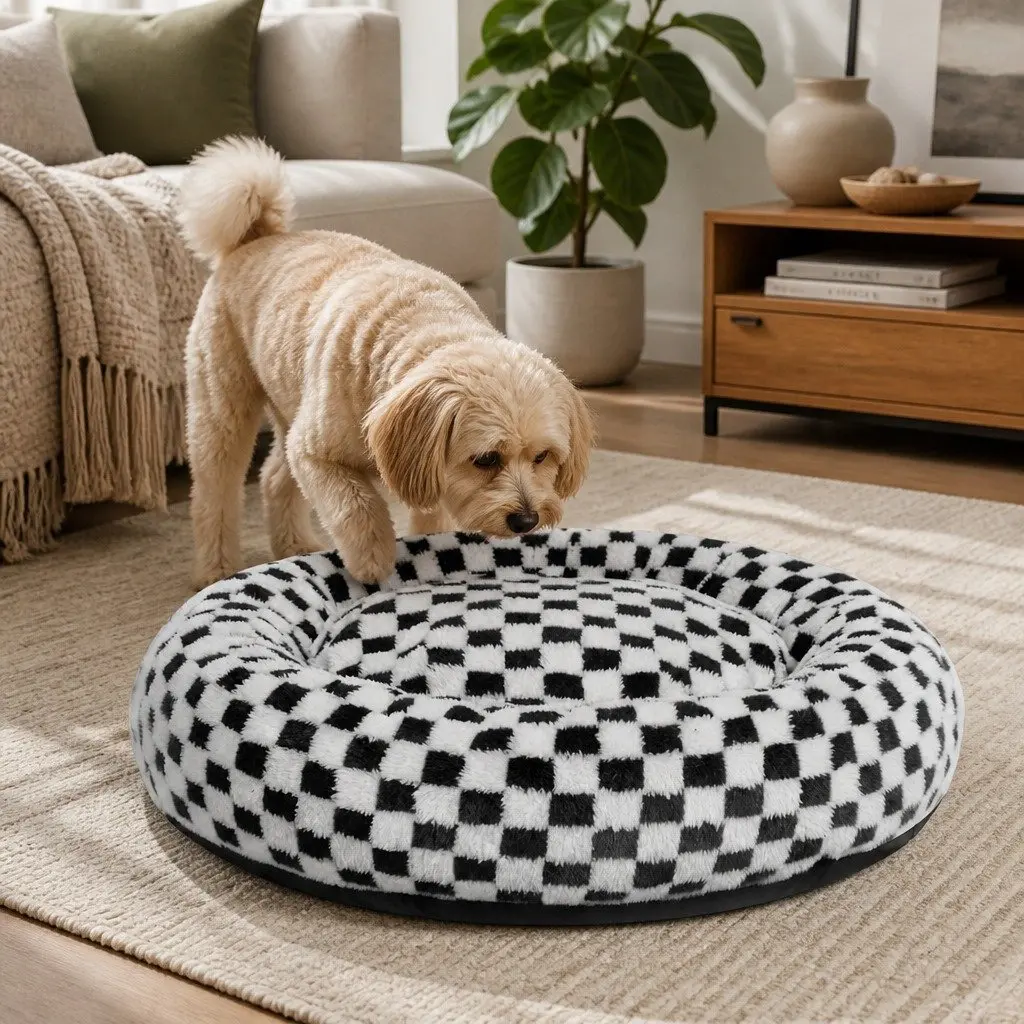 Circular Dog Bed Calming Plush 70cm Black and White Checkered Removable Washable