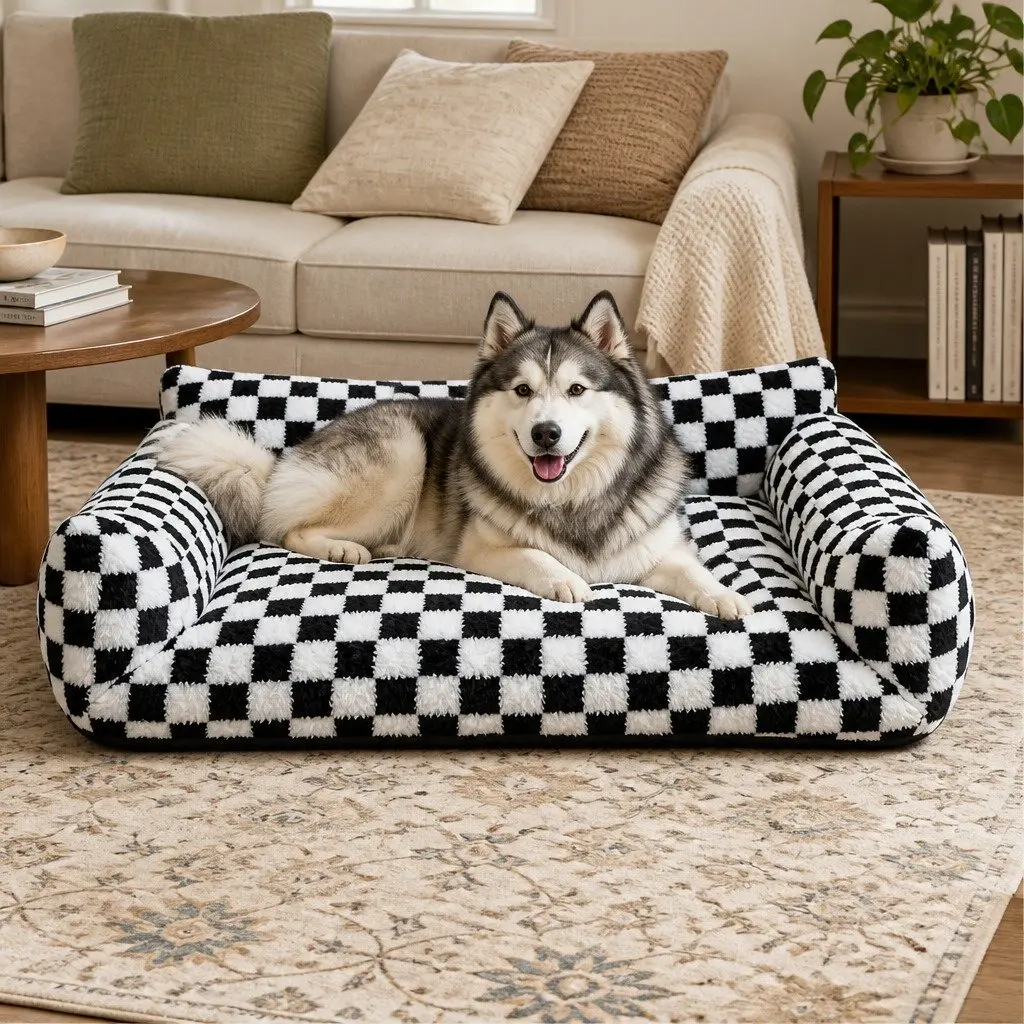 Plush Pet Bed Dog Cat Bed Washable Removable Cover 90cm x 60cm Black and White Checkered