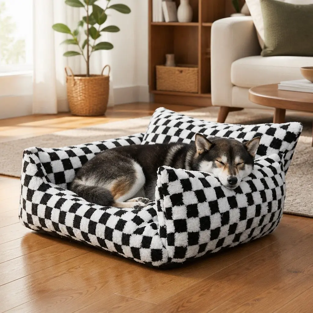 Plush Pet Bed Dog Cat Bed Washable Removable Cover 90cm x 60cm Black and White Checkered