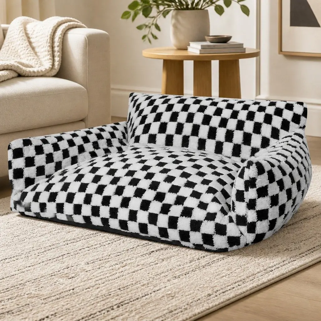 Pet Bed Plush Checkered Washable 70cm L x 50cm W x 35cm H Black and White