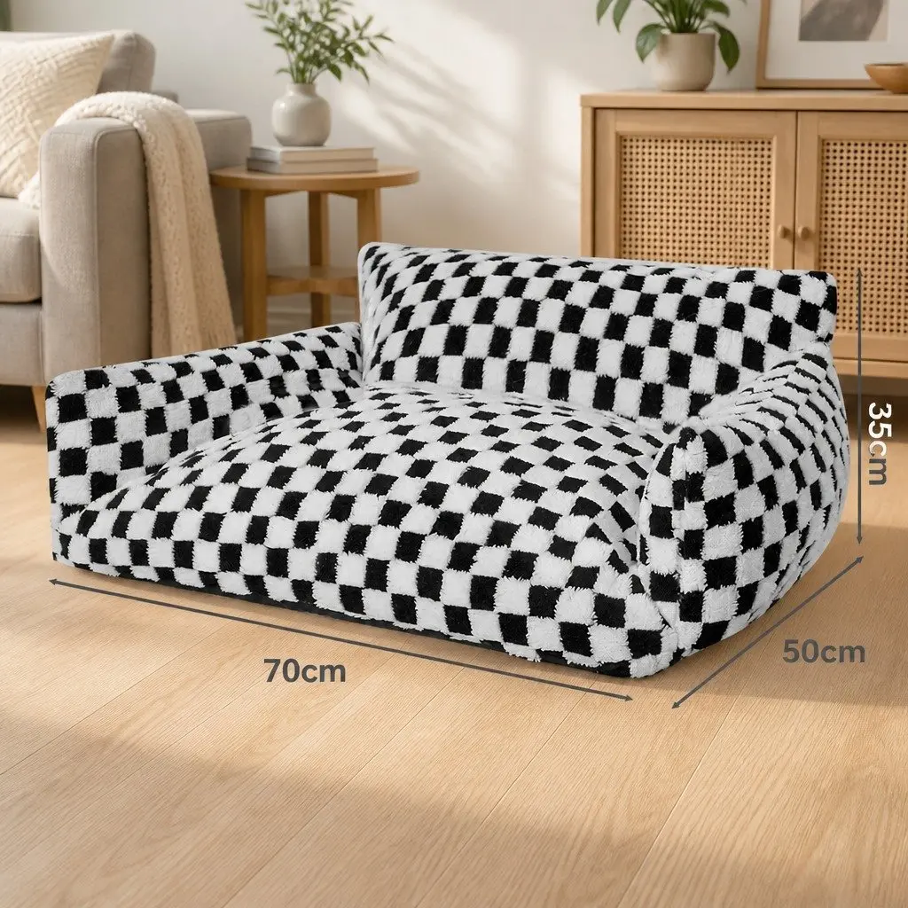 Pet Bed Plush Checkered Washable 70cm L x 50cm W x 35cm H Black and White