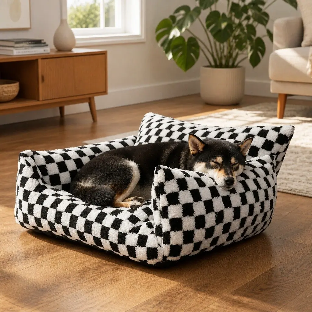 Pet Bed Plush Checkered Washable 70cm L x 50cm W x 35cm H Black and White