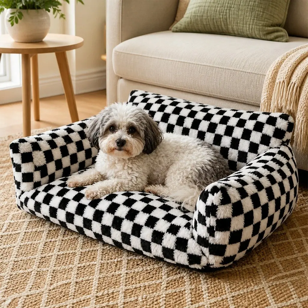 Pet Bed Plush Checkered Washable 70cm L x 50cm W x 35cm H Black and White