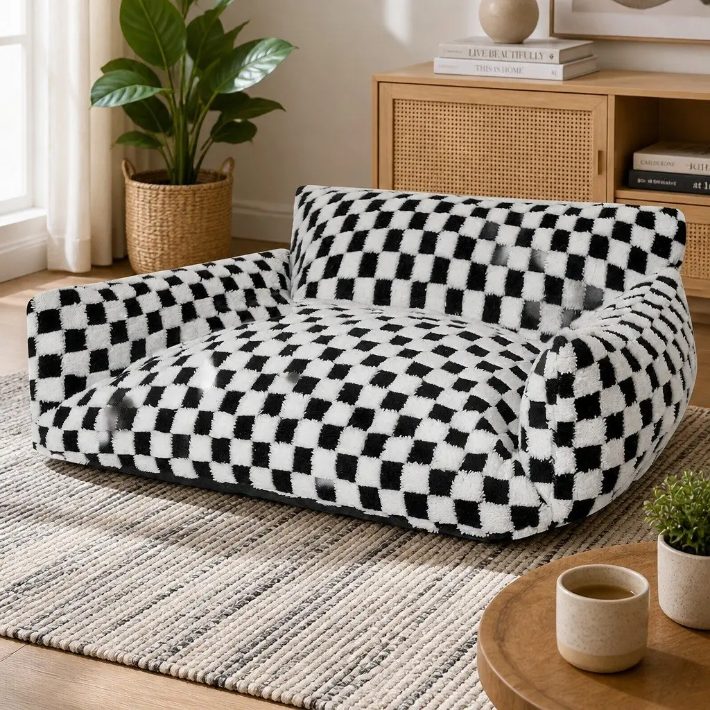Pet Bed Plush Checkered Washable 70cm L x 50cm W x 35cm H Black and White