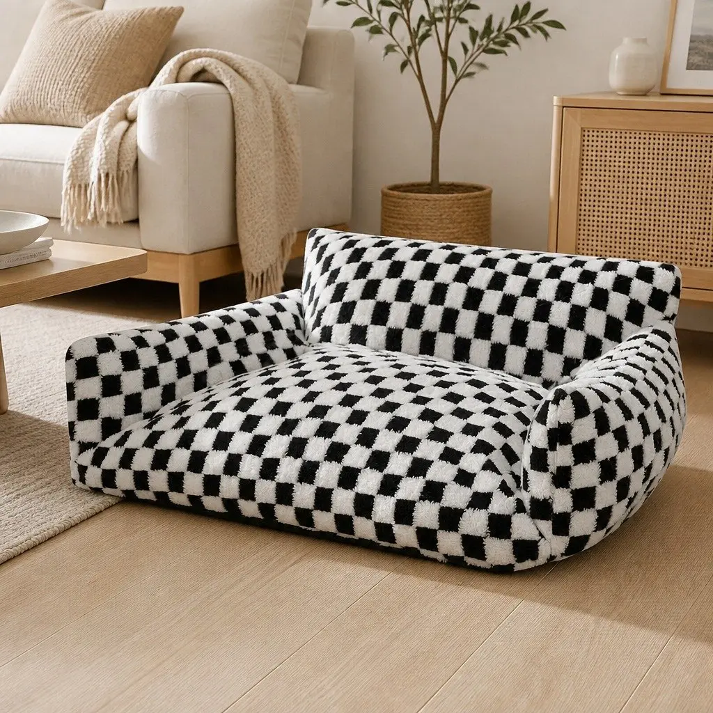 Pet Bed Plush Checkered Washable Removable Cover 60cm L x 50cm W x 35cm H Black and White