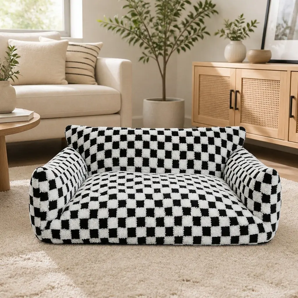 Pet Bed Plush Checkered Washable Removable Cover 60cm L x 50cm W x 35cm H Black and White