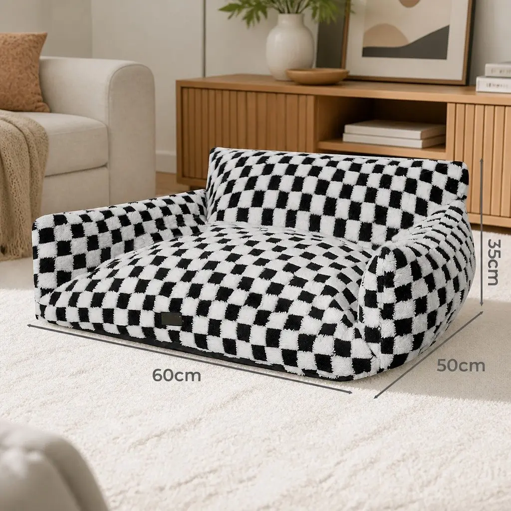 Pet Bed Plush Checkered Washable Removable Cover 60cm L x 50cm W x 35cm H Black and White
