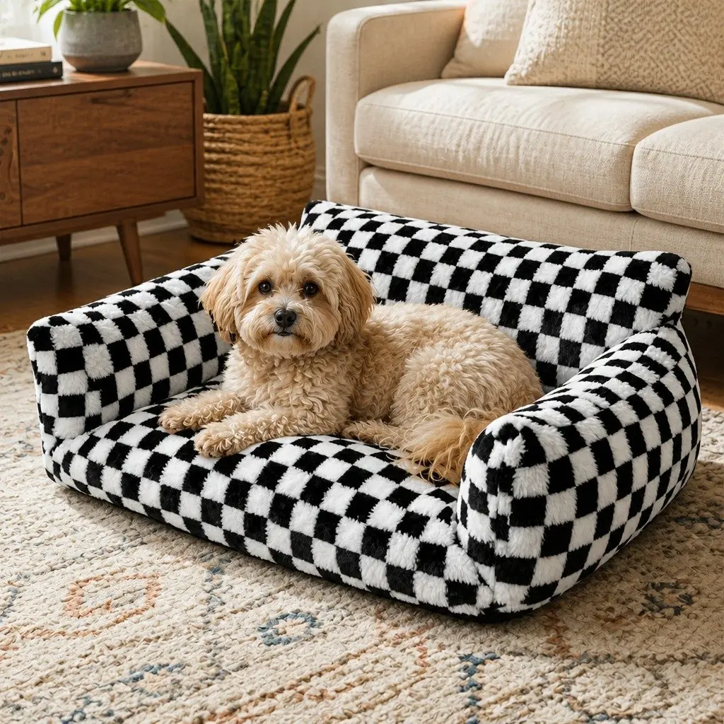 Pet Bed Plush Checkered Washable Removable Cover 60cm L x 50cm W x 35cm H Black and White