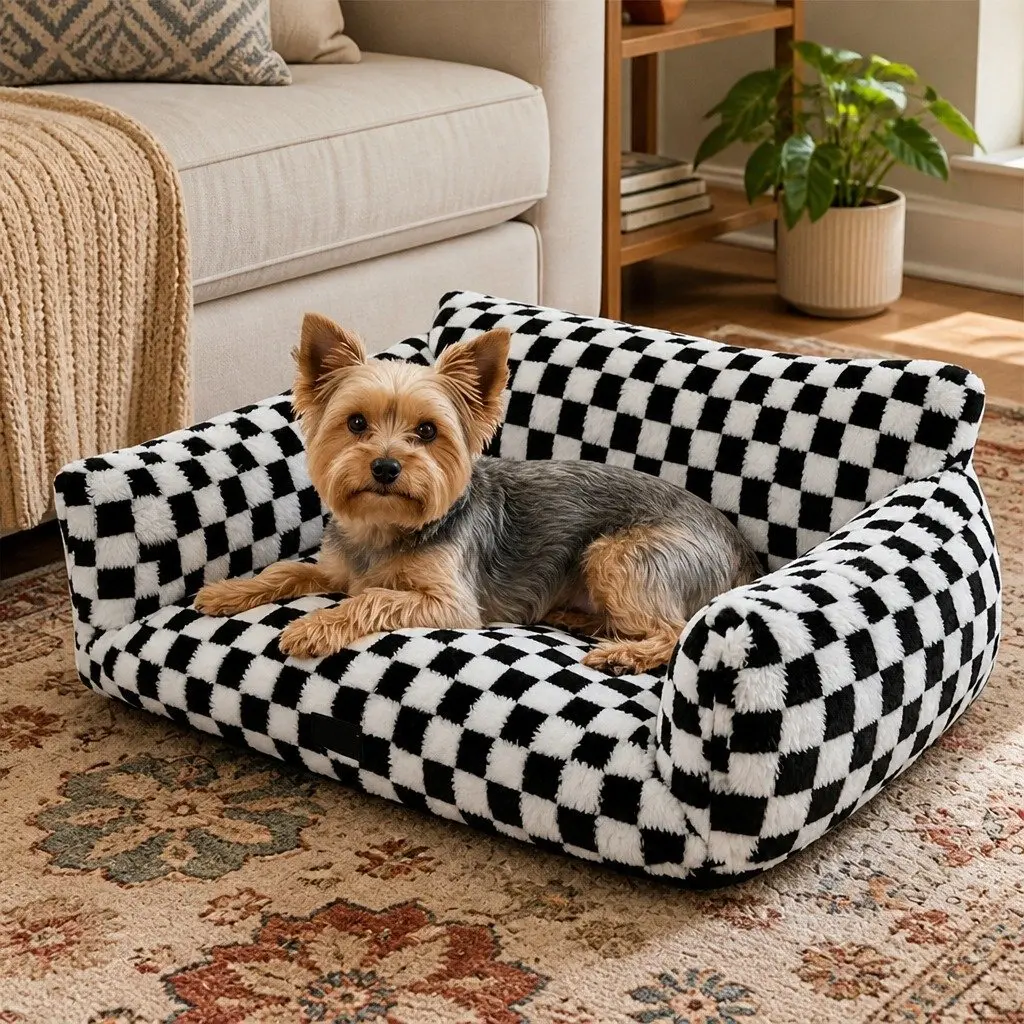 Pet Bed Plush Checkered Washable Removable Cover 60cm L x 50cm W x 35cm H Black and White