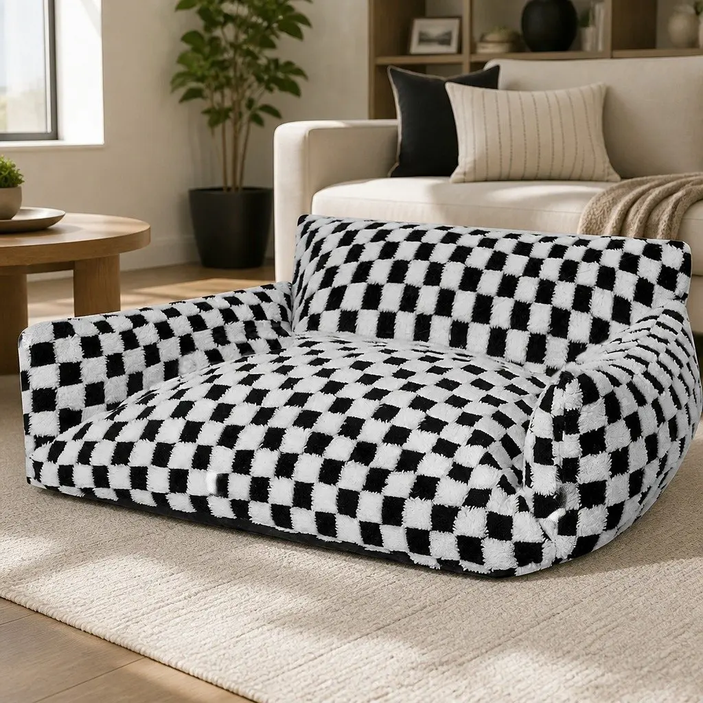 Pet Bed Plush Checkered Washable Removable Cover 60cm L x 50cm W x 35cm H Black and White