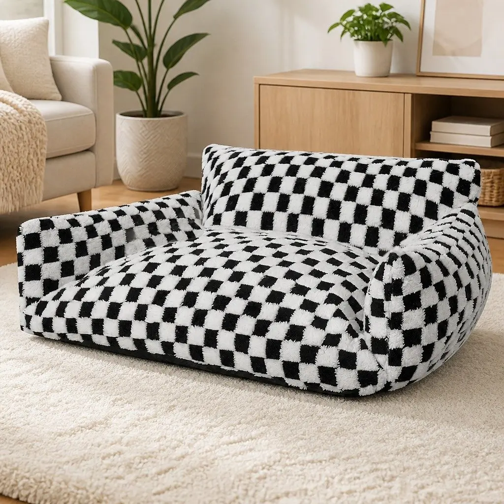 Pet Bed Plush Checkered Washable 120cm x 90cm Black and White