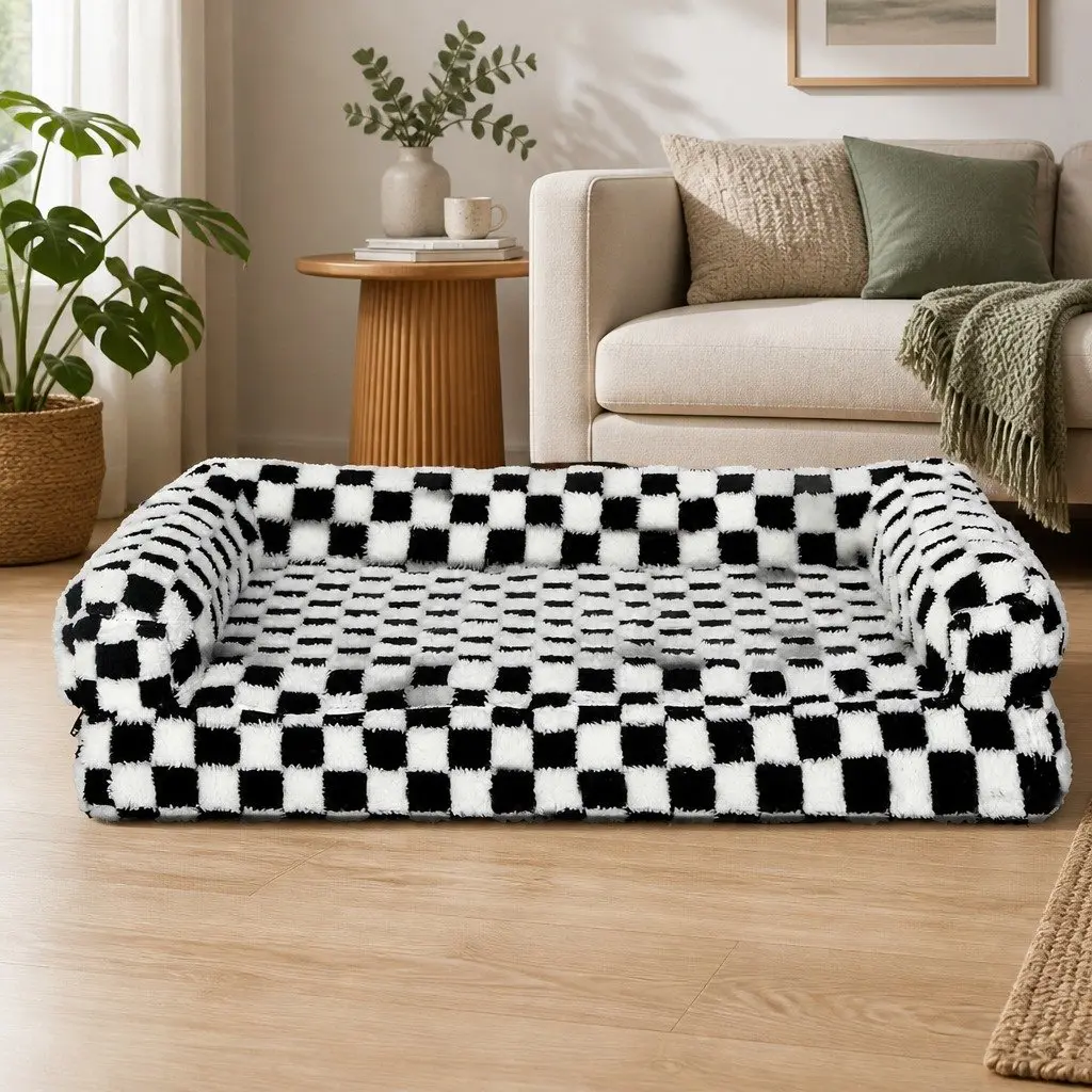 Orthopedic Dog Bed Memory Foam Pet Mattress Mat Calming Sofa Style Small Dogs Black and White 90 x 60 x 11 cm