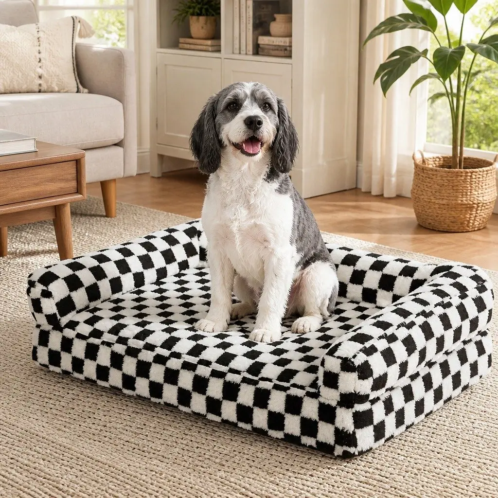 Orthopedic Dog Bed Memory Foam Pet Mattress Mat Calming Sofa Style Small Dogs Black and White 90 x 60 x 11 cm