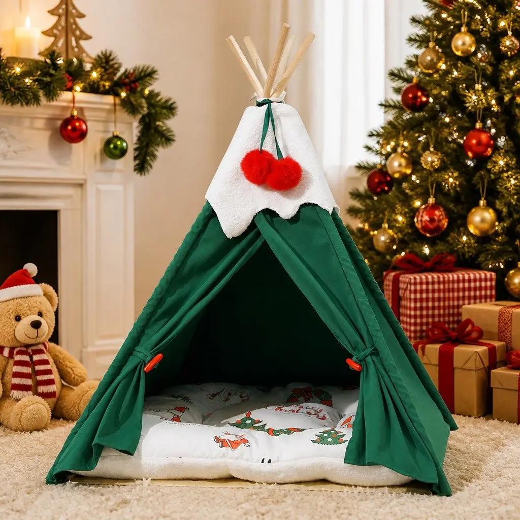 Pet Tent Bed Indoor Dog Cat Teepee Hideaway Washable Cushion Green 50x50x70cm