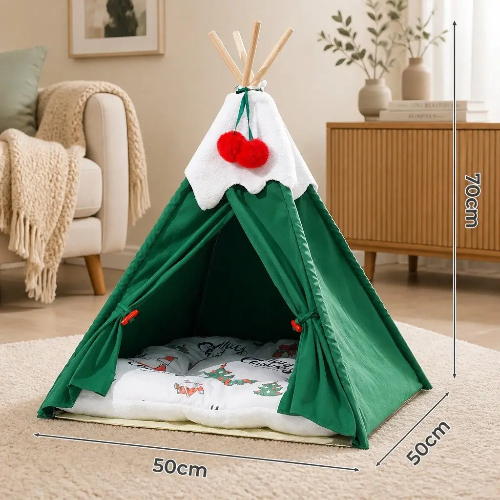 Pet Tent Bed Indoor Dog Cat Teepee Hideaway Washable Cushion Green 50x50x70cm