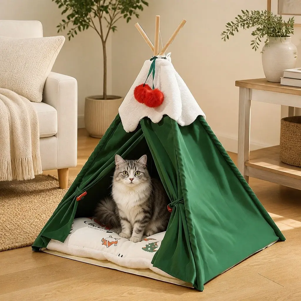 Pet Tent Bed Indoor Dog Cat Teepee Hideaway Washable Cushion Green 50x50x70cm