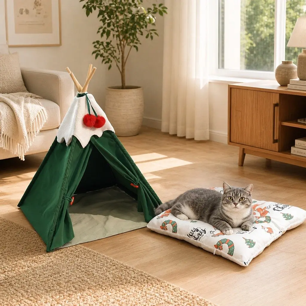 Pet Tent Bed Indoor Dog Cat Teepee Hideaway Washable Cushion Green 50x50x70cm