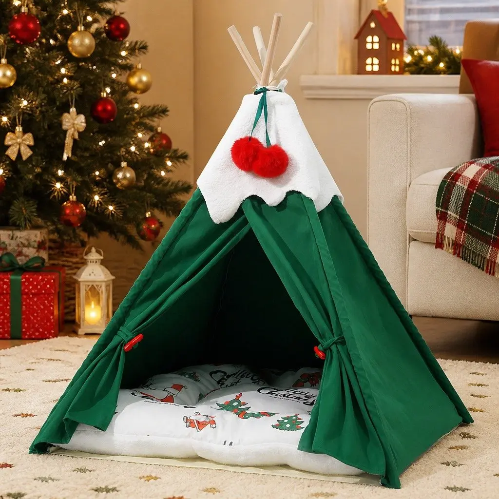 Pet Tent Bed Indoor Dog Cat Teepee Hideaway Washable Cushion Green 50x50x70cm