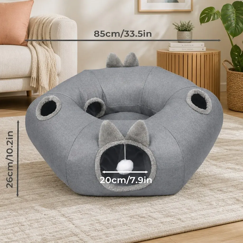 Cat Tunnel Bed 2-in-1 Foldable Indoor Pet Playhouse Grey 85cm x 80cm x 26cm
