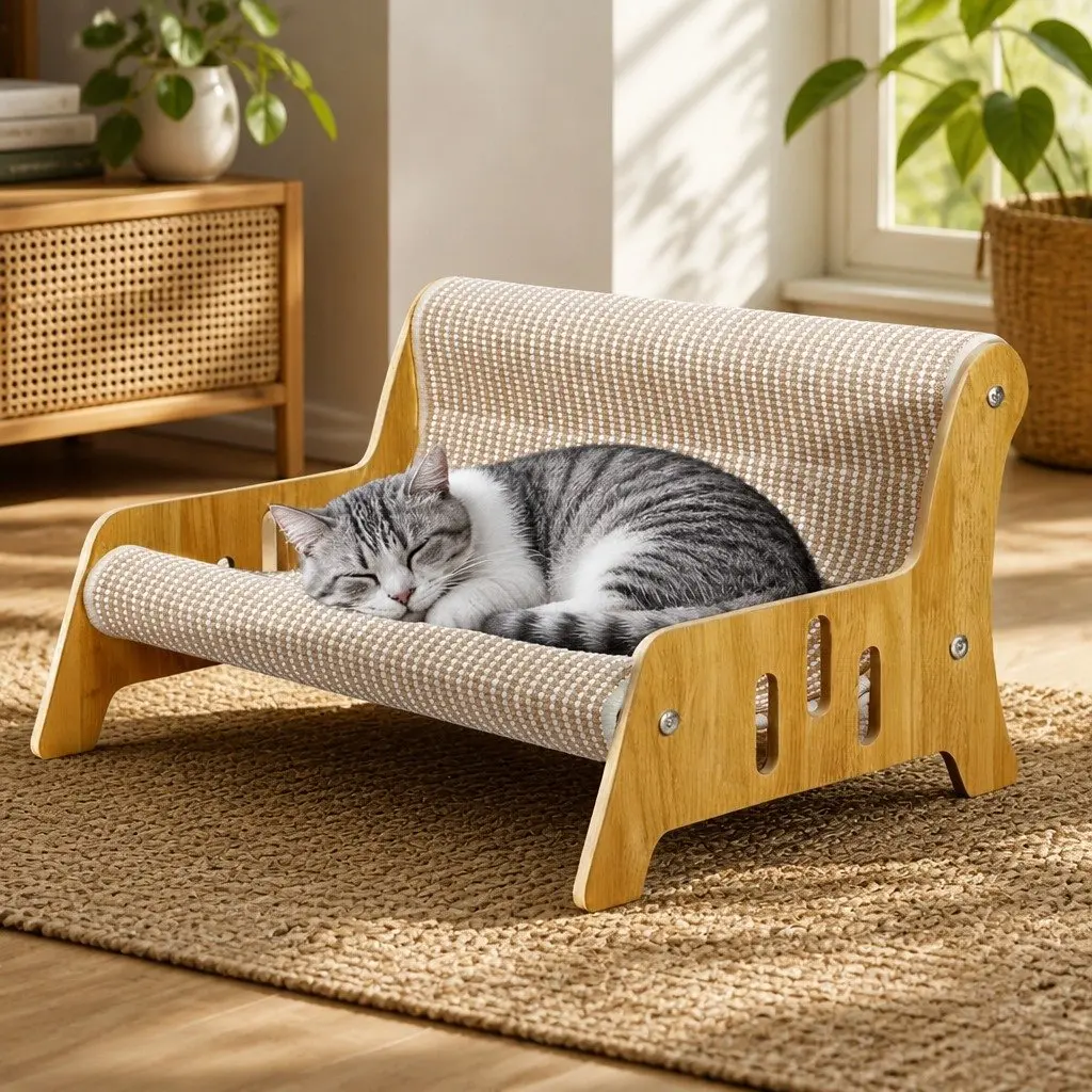 Cat Scratcher Bed Lounge Chair 52cm Scratching Pad Indoor Furniture Light Wood Light Beige