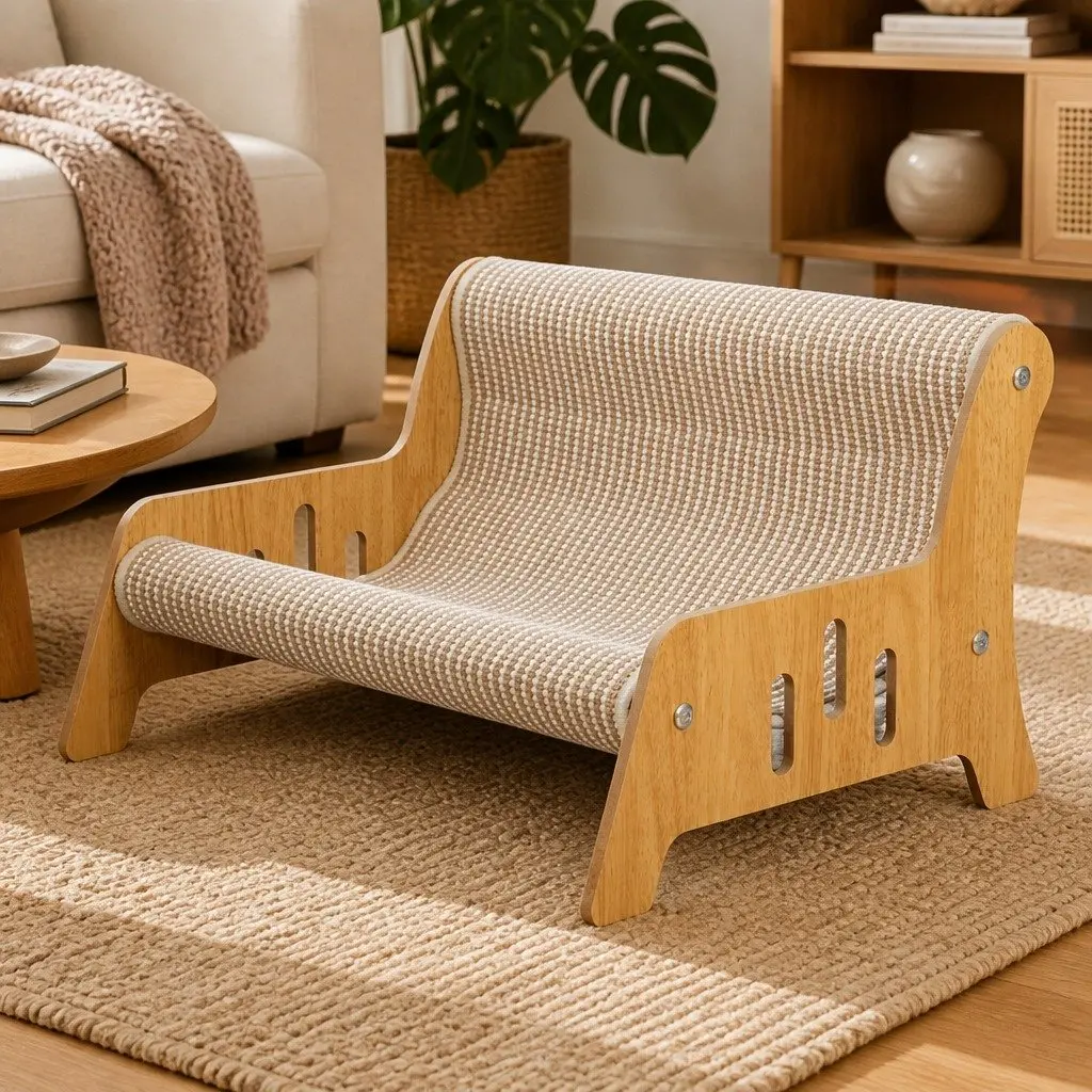 Cat Scratcher Bed Lounge Chair 52cm Scratching Pad Indoor Furniture Light Wood Light Beige