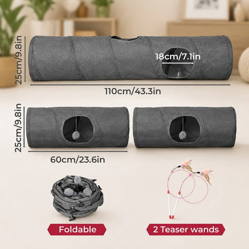 Cat Tunnel Modular Interactive Play Tube 3 Piece Foldable Grey