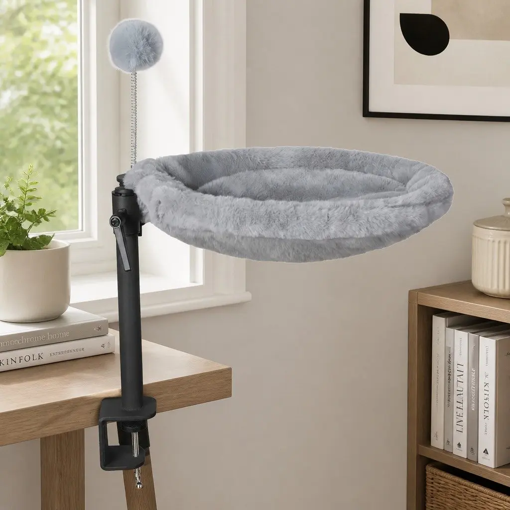 Cat Desk Hammock Elevated Resting Space 360 Rotatable Adjustable Height Grey