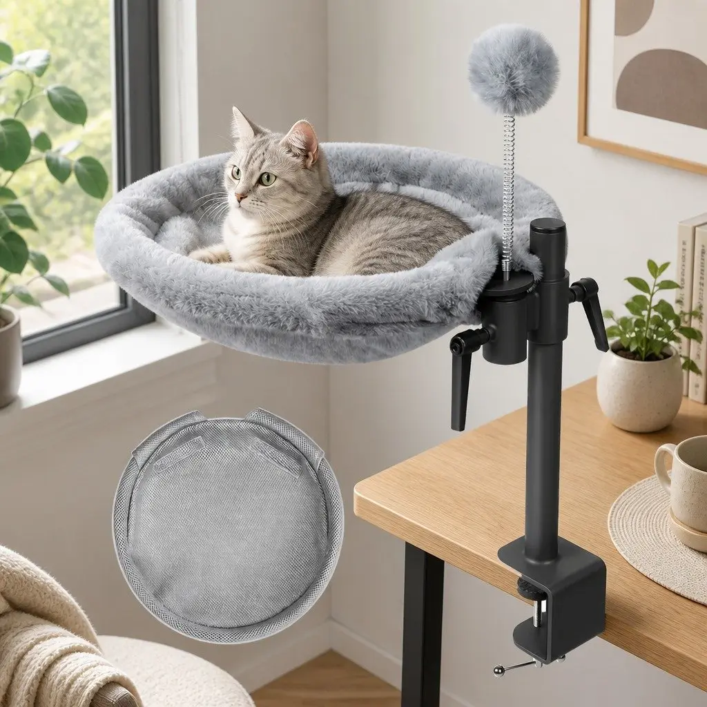 Cat Desk Hammock Elevated Resting Space 360 Rotatable Adjustable Height Grey