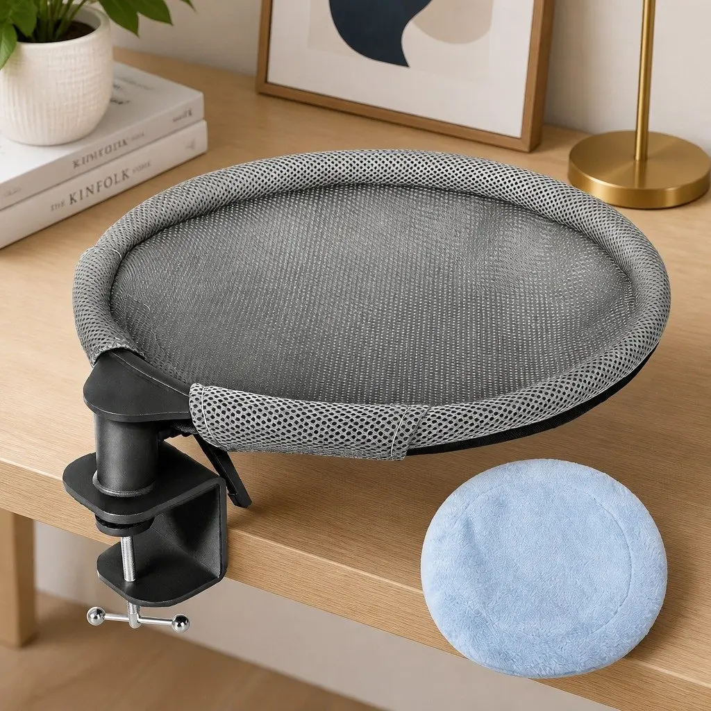 Hanging Cat Bed Mounted Desk Hammock 360 Degree Rotatable Washable Cushion Grey