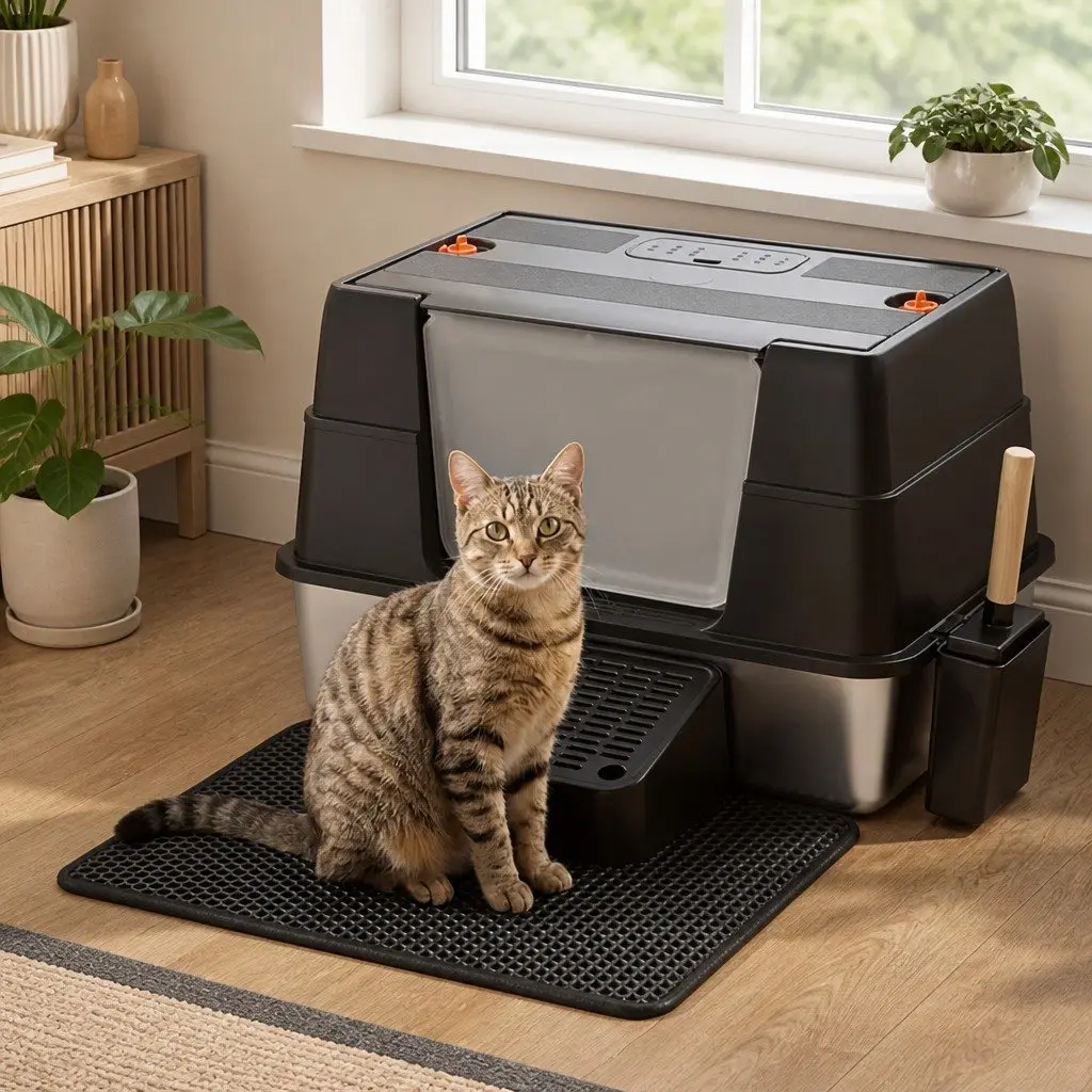 Stainless Steel Cat Litter Box Large Enclosed High Sided Odor Control Anti