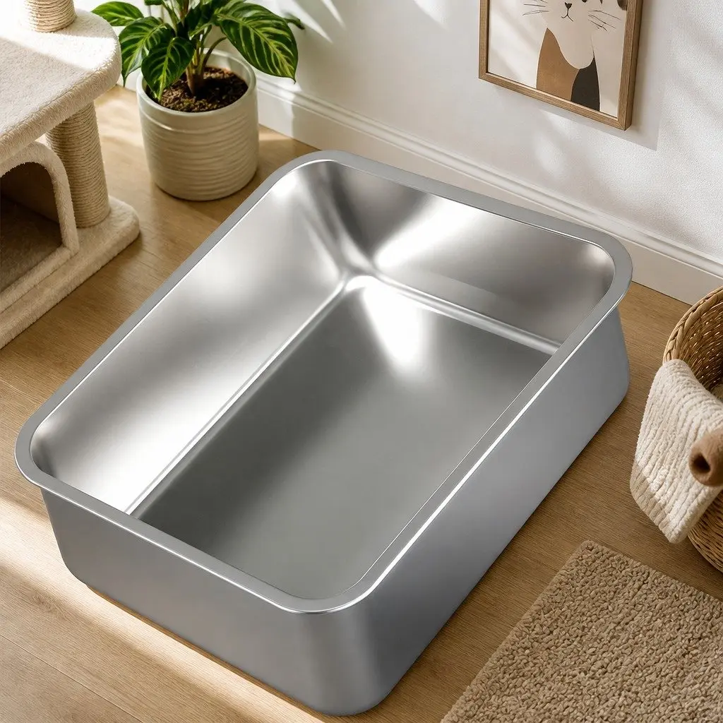 Stainless Steel Cat Litter Box Large High Sided Semi Enclosed Easy Clean Grey