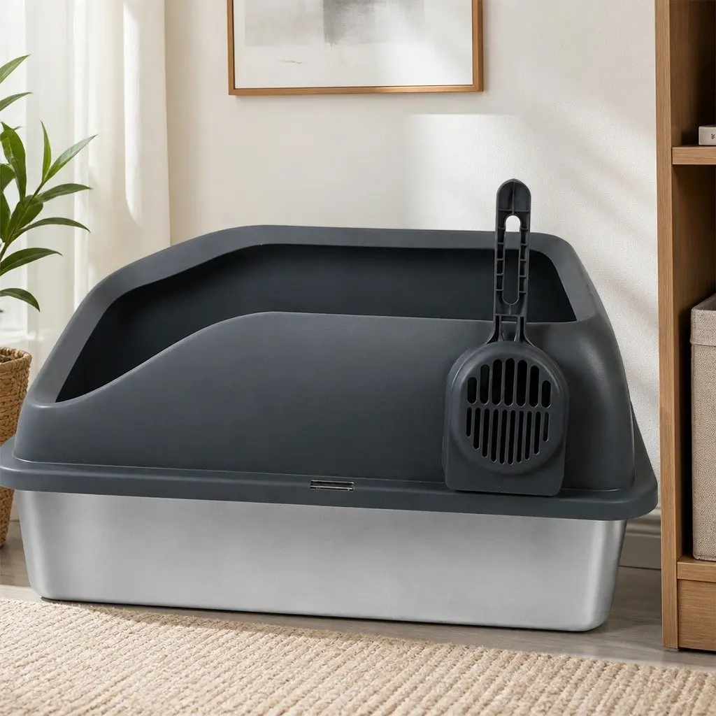 Stainless Steel Cat Litter Box Large High Sided Semi Enclosed Easy Clean Grey