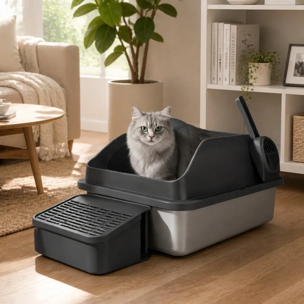 Stainless Steel Cat Litter Box Large High Sided Semi Enclosed Easy Clean Grey